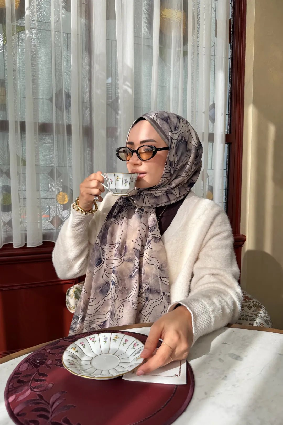 Frond Desen Hebei İpek Şal - Lacivert
