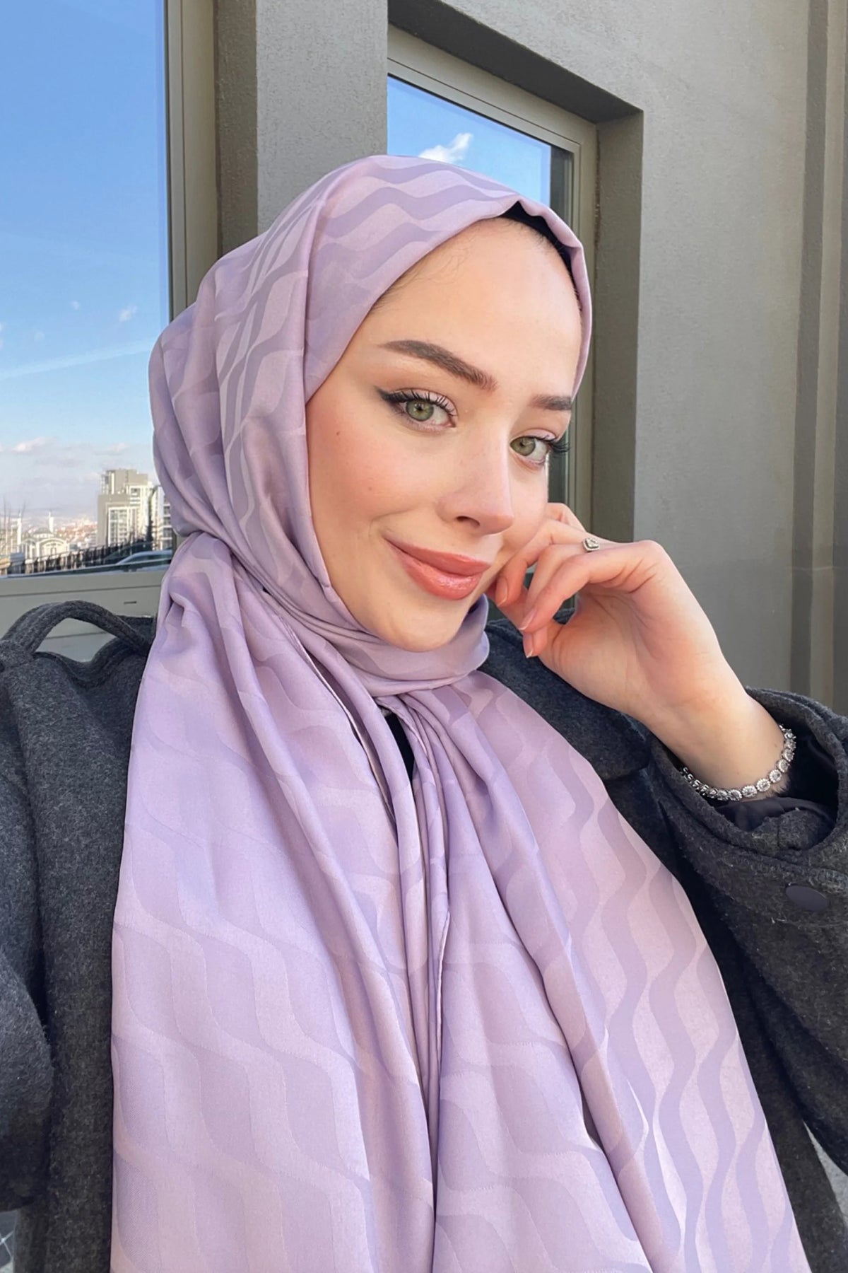 Dalga Desen İpeksi Jakar Şal - Lila