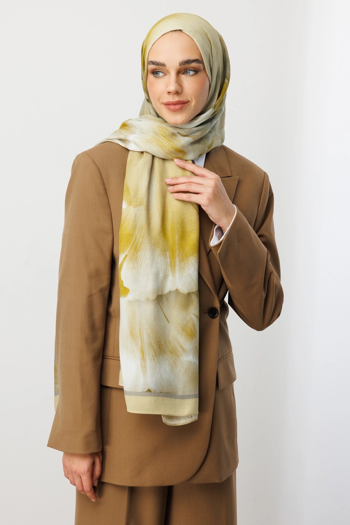 Fleur Desen Rami Şal - Oliv Yeşili