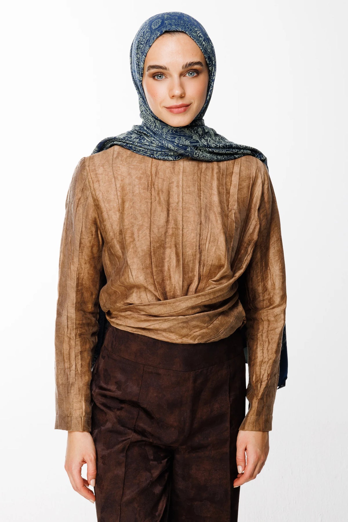 Henna Desen Çift Taraflı Şal - Lacivert-Su Yeşili