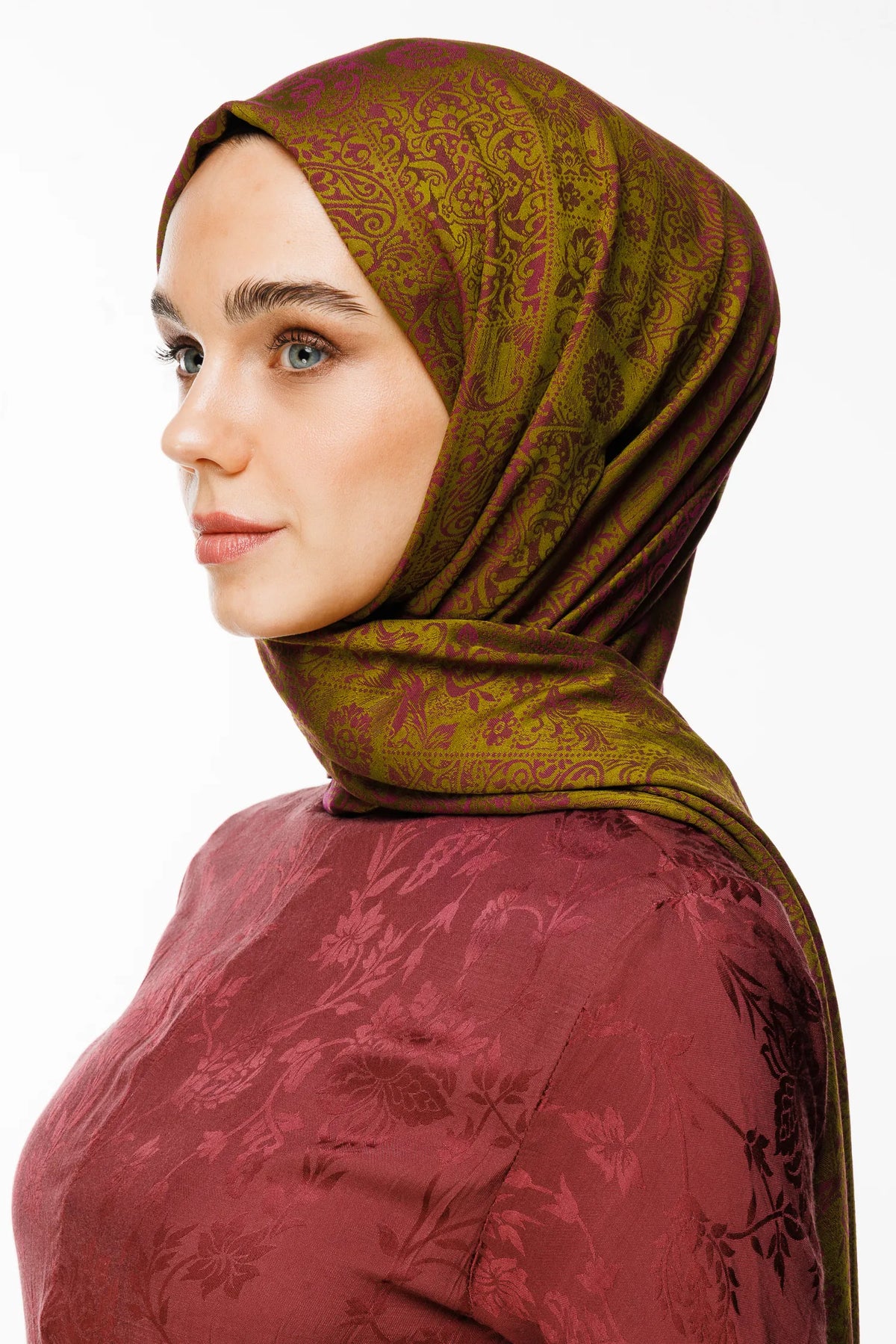 Henna Desen Çift Taraflı Şal - Yağ Yeşili-Mürdüm